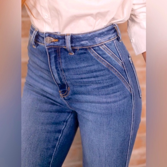 New KanCan High Waisted Stretch Flare Jeans Seamed Pocket Detail - Picture 4 of 10